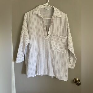 Zara Basic White and Navy Striped Lightweight Shirt